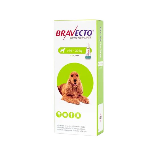 [PROMO] BRAVECTO SPOT-ON ANTIPARAZITAR EXTERN CAINE 500MG (10-20KG) 5 CUTII CU -10% DISCOUNT +1 BRAVECTO TRIUNO ANTIPARAZITAR INTERN SI EXTERN CAINE 50MG (2.5-5KG) GRATIS