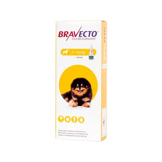 [PROMO] BRAVECTO SPOT-ON ANTIPARAZITAR EXTERN CAINE 112.5MG (2-4.5KG) 5 CUTII CU -10% DISCOUNT +1 BRAVECTO TRIUNO ANTIPARAZITAR INTERN SI EXTERN CAINE 50MG (2.5-5KG) GRATIS