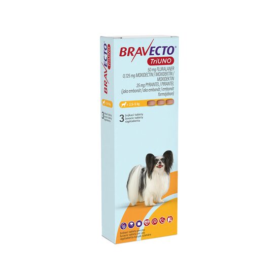 [PROMO] BRAVECTO TRIUNO ANTIPARAZITAR INTERN SI EXTERN CAINE 50MG (2.5-5KG) 5 CUTII CU -10% DISCOUNT +1 CEFA-CURE 200MG (CUTIE*20 TABLETE) GRATIS