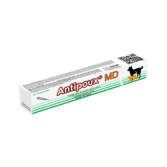 [PROMO] ANTIPOUX MD SOLUTIE SPOT-ON CAINI SI PISICI SERINGA 14ML 100 + 20 + 2 MITEX 20ML GRATIS